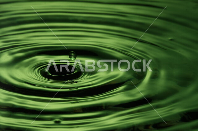 تساقط ثطرة من الماء على بقعة مائية، سطح مائي باللون الأخضر، شكل دائري رائع، خلفية لسطح مائي