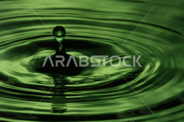 تساقط ثطرة من الماء على بقعة مائية، سطح مائي باللون الأخضر، شكل دائري رائع، خلفية لسطح مائي