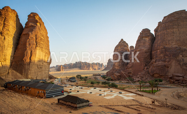 Natural rock formations and formations in the city of Al-Ula in the Kingdom of Saudi Arabia, historical and archaeological tourist attractions, the beauty of desert nature, rocky mountains in Al-Ula Governorate, tourism in Saudi Arabia