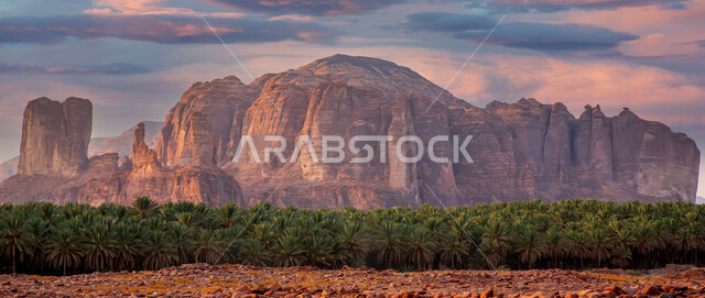 صورة بانورامية للتكوينات والتشكيلات الصخرية الطبيعية في مدينة العلا بالمملكة العربية السعودية وقت الغروب، المعالم التاريخية الأثرية السياحية، جمال الطبيعة الصحراوية، الجبال الصخرية في محافظة العلا، أشجار النخيل، السياحة في السعودية