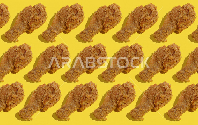 قطع الدجاج المقلي المقرمش، دجاج بروستد الشهي، وجبات سريعه, مأكولات ومطاعم عربية, وجبات غير صحيه, خلفيه صفراء