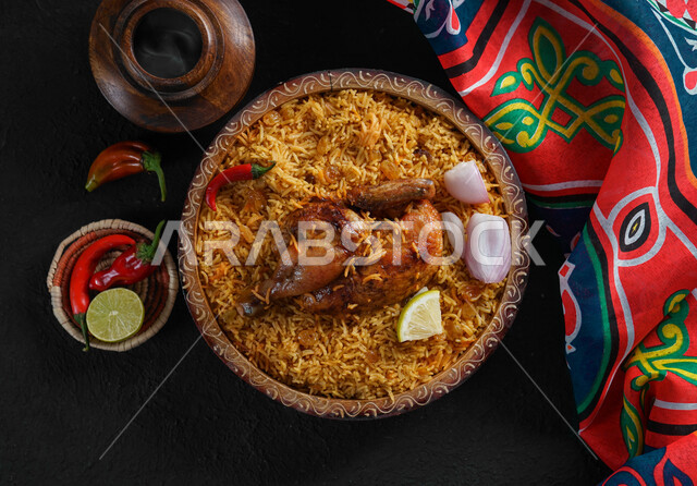 طبق من الارز مع الدجاج المشوي, كبسه مع الدجاج المندي, دجاج شوايه مع الأرز الطائفي, مأكولات عربيه سعوديه خليجيه, أطباق شعبيه, عزائم وولائم, مطاعم سعوديه
