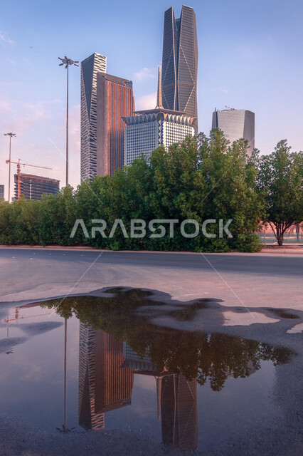 ابراج مركز الملك عبد الله المالي (كافد) من خلف الأشجار والنباتات الخضراء في الرياض بالمملكة العربية السعودية، انعكاس الابراج على بقعة من الماء، الفن الهندسي المعماري، ابراج اقتصادية، الابراج وناطحات السحاب، معالم الرياض، السياحة في السعودية