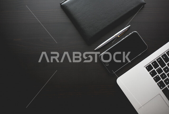 A group of modern technical devices on the office table, the development of technology and technology, computers and tablets on the office table, companies and offices, office table, office background, office work environment, office freelance work, work 