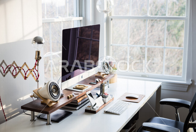 A group of modern technical devices on the office table, the development of technology and technology, computers and tablets on the office table, companies and offices, office table, office background, office work environment, office freelance work, work 