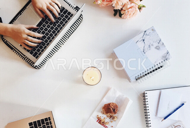 A group of modern technical devices on the office table, the development of technology and technology, computers and tablets on the office table, companies and offices, office table, office background, office work environment, office freelance work, work 