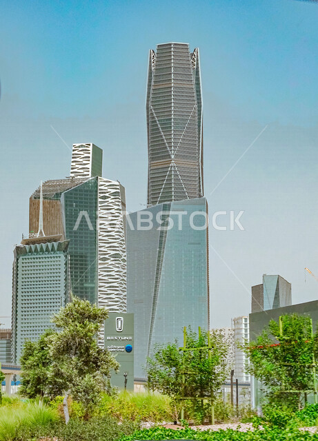 Towers of King Abdullah Financial District (KAFED) in Riyadh, Saudi Arabia, roads and streets, trees and green plants, architectural art, economic towers, towers and skyscrapers, Riyadh landmarks, tourism in Saudi Arabia