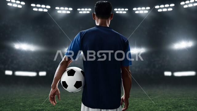 شاب في الملعب يستعد للعب بكرة القدم ، لاعب كرة قدم، ممارسة رياضة كرة القدم، ملعب كرة قدم، ممارسة الرياضة، المراوغة وتسجيل الاهداف