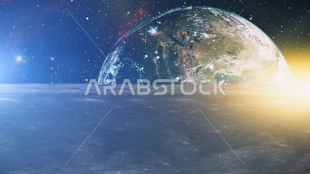 تصوير إبداعي للفضاء الخارجي, النجوم المضييئه في السماء, الخيال العلمي, علوم الفضاء, الأقمار الصناعيه, كوكب الأرض, مجموعة من النجوم الشمسيه المضيئه في الفضاء ليلا, رؤية 2030, رؤية مستقبيله