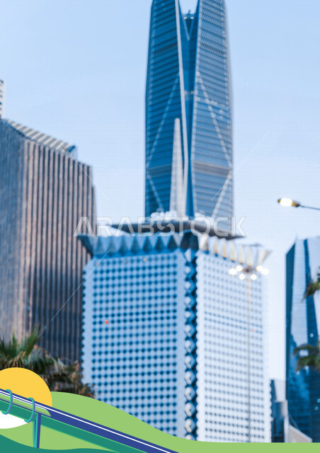 خلفية ضبابية لمركز الملك عبدالله المالي ( كافد ) في الرياض بالمملكة العربية السعودية، الأبراج وناطحات السحاب، رؤية السعودية 2030 ، هوية اليوم الوطني السعودي 92 ، معالم الرياض السياحية الشهيرة، قالب تصميم لهوية اليوم الوطني السعودي