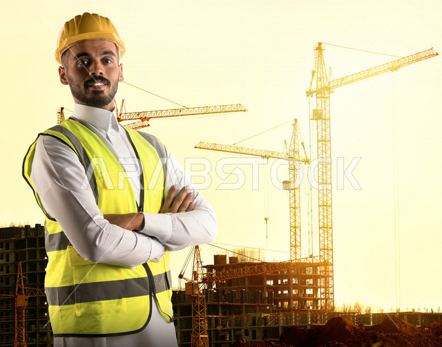 مهندس معماري عربي خليجي سعودي يرتدي قبعة وسترة الوقاية الخاصة بالعمل , يقف مكتف اليدين ، متابعة المشروع وتدقيق العمل ، الاشراف والرقابة على المشاريع الهندسية ، الهندسة المعمارية ، خلفية المشاريع الإنشائية .