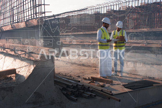 مهندسان معماريان سعوديان خليجيان يناقشان مخطط لمشروع البناء، إرتداء سترة الحماية الخاصة بالعمل، تدقيق العمل، الإشراف والنقاش لمشاريع قيد الانشاء، مفهوم الهندسة المعمارية، إدارة المشاريع الهندسية، مهن ووظائف هندسية، مخططات وتصماميم هندسية