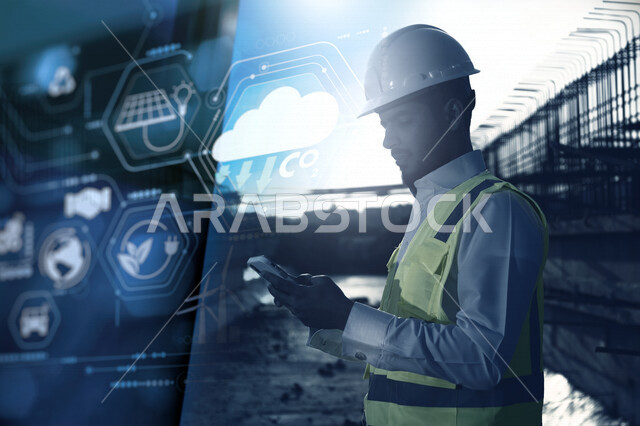 مهندس معماري عربي خليجي سعودي يرتدي السترة الواقية و خوذة السلامة ، يستخدم الهاتف المحمول ليتابع ادارة اعمال البناء  ، اشراف ومتابعة المشاريع,  تصفح الانترنت, الهندسه المعماريه , رسومات بتقنية الهولوجرام