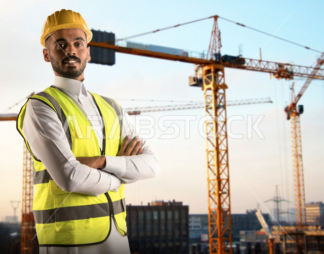 مهندس معماري عربي خليجي سعودي يرتدي قبعة وسترة الوقاية الخاصة بالعمل , يقف مكتف اليدين ، متابعة المشروع وتدقيق العمل ، الاشراف والرقابة على المشاريع الهندسية ، الهندسة المعمارية ، خلفية المشاريع الإنشائية .