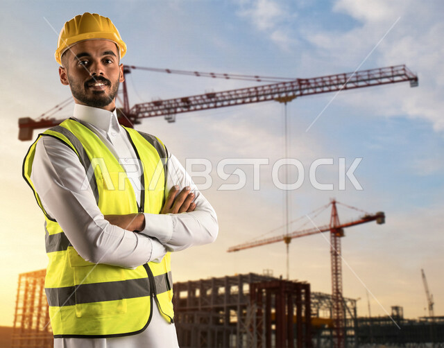 مهندس معماري عربي خليجي سعودي يرتدي قبعة وسترة الوقاية الخاصة بالعمل , يقف مكتف اليدين ، متابعة المشروع وتدقيق العمل ، الاشراف والرقابة على المشاريع الهندسية ، الهندسة المعمارية ، خلفية المشاريع الإنشائية .