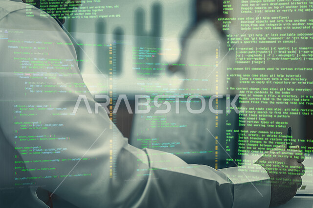 رجل أعمال عربي سعودي خليجي يعمل في مقر الشركة ،إستخدام أجهزة التقنية الحديثة لإنجاز المهام , تطوير وانشاء المشاريع الجديدة , رسومات بتقنية الهولوجرام . 