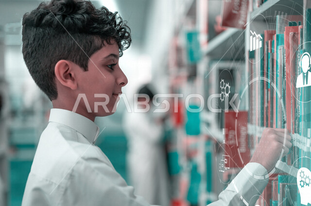 A Saudi Arabian Gulf student choosing books from the school library, enjoying reading textbooks, the school library, doing homework, self-learning, education in the Kingdom of Saudi Arabia.