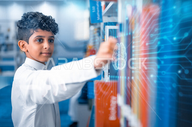 A Saudi Arabian Gulf student choosing books from the school library, enjoying reading textbooks, the school library, doing homework, self-learning, education in the Kingdom of Saudi Arabia.