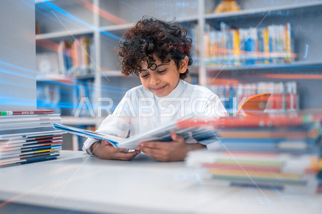 طالب عربي سعودي خليجي يقوم باختيار كتب من المكتبة المدرسية ، الاستمتاع بقراءة الكتب المدرسية، مكتبة المدرسة، تأدية الواجبات المدرسية،التعلم الذاتي , التعليم في المملكة العربية السعودية , رسومات بتقنية الهولوجرامرسومات .