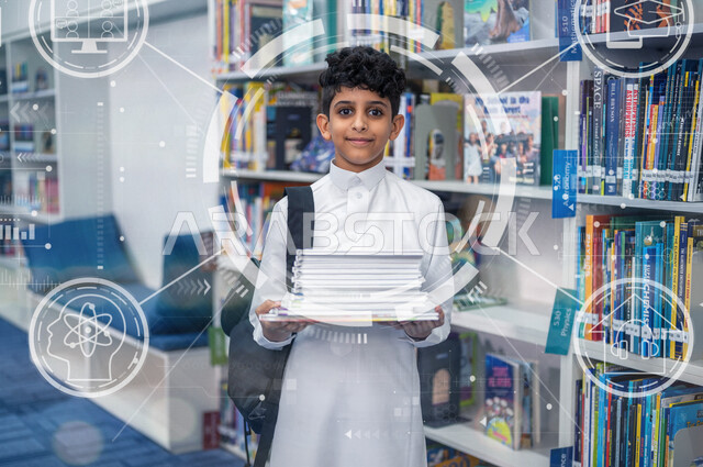 طالب عربي سعودي خليجي يقوم باختيار كتب من المكتبة المدرسية ، الاستمتاع بقراءة الكتب المدرسية، مكتبة المدرسة، تأدية الواجبات المدرسية،التعلم الذاتي , التعليم في المملكة العربية السعودية , رسومات بتقنية الهولوجرامرسومات . 