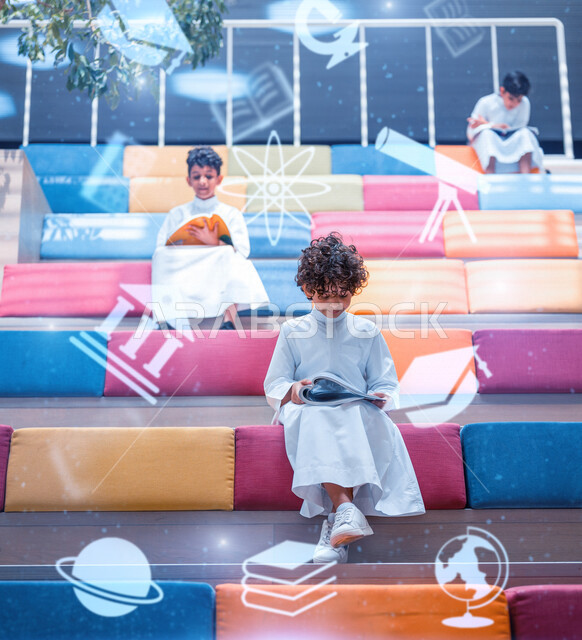 طلاب عربيون سعوديون خليجيون يقومون بالتعلم في المدرسة ,  رسومات بتقنية الهولوجرام ثلاثية الابعاد ، نظام التعلم الذاتي ، استخدام برامج التعليم الالكتروني ، تطوير المنصة التعليمية ، خلفية لمجموعة من الايقونات التعليمية , التفكير الذهني .