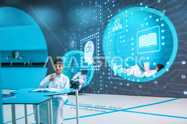 Saudi Arabian Gulf students learning at school, 3D hologram graphics, self-learning system, using e-learning programs, developing the educational platform, background for a group of educational icons, mental thinking.