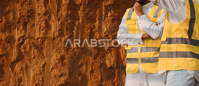 إجتماع مهندسين عربيين سعوديين في مقر العمل، النقاش لبدء مشروع جديد، الهندسة المعماريه, إرتداء سترة الحماية الخاصة بالعمل, تدقيق العمل، الإشراف والمتابعه، مهن ووظائف هندسية، فريق عمل سعودي، خطط ومشاريع معمارية