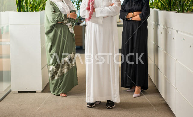 فريق عمل عربي سعودي خليجي يقفون في مقر الشركه، إجتماع عمل, فريق عمل ناجح، مفهوم العمل الجماعي, مناقشة مهام العمل, شركة سعودية، بيئة العمل السعودي