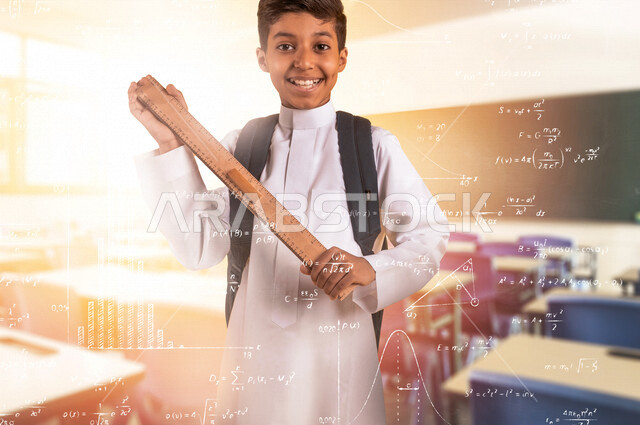 طالب عربي خليجي سعودي يمسك مسطرة مرقمة ويرتدي الزي المدرسي، حقيبة الظهر المدرسية، أدوات قرطاسية، الإستعداد للعام الدراسي الجديد، التعليم في السعودية، العودة إلى المدارس