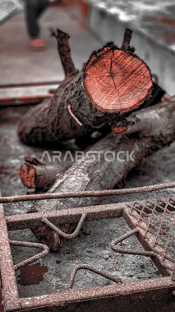 صورة مقربة للخشب المشتغل في موقد النيران، رحلة تخييم، قطع من اخشاب الاشجار، موقد النيران