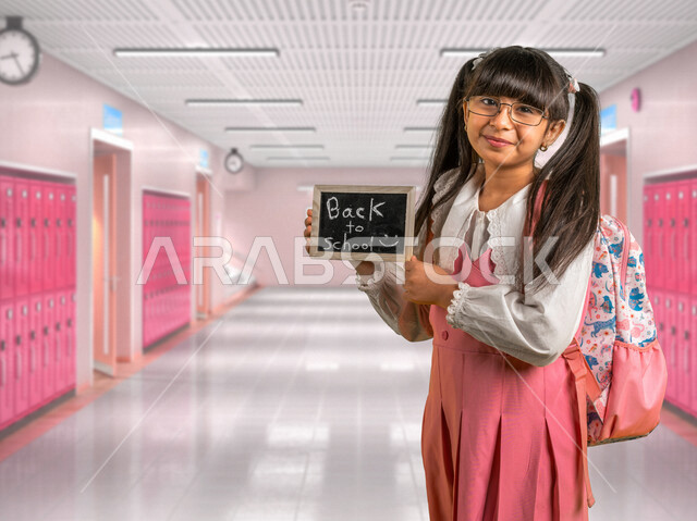طالبة عربية خليجية سعودية ترتدي الزي المدرسي وتحمل بيدها سبورة سوداء صغيرة مكتوب عليها نص العودة إلى المدارس، حقيبة الظهر المدرسية، الإستعداد للعام الدراسي الجديد، التعليم في السعودية، العودة إلى المدارس