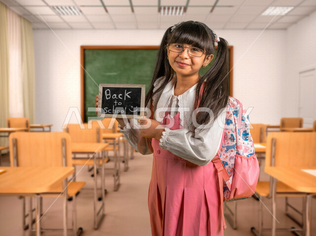 طالبة عربية خليجية سعودية ترتدي الزي المدرسي وتحمل بيدها سبورة سوداء صغيرة مكتوب عليها نص العودة إلى المدارس، حقيبة الظهر المدرسية، الإستعداد للعام الدراسي الجديد، التعليم في السعودية، العودة إلى المدارس