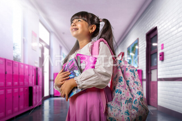 طالبة عربية خليجية سعودية ترتدي الزي المدرسي وتحمل بيدها كتاب مدرسي، ايماءات وجه تدل على السعادة، حقيبة الظهر المدرسية، الإستعداد للعام الدراسي الجديد، التعليم في السعودية، العودة إلى المدارس