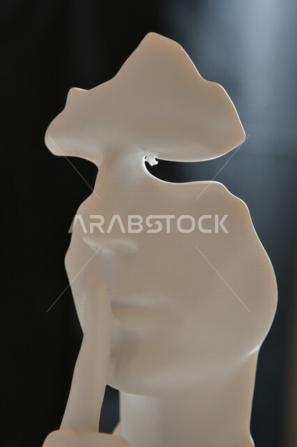 صورة لمجسم انسان يضع اصبع السبابة على فمه ، تمثال وجه تعبيري ، فن تشكيلي ، تماثيل و مجسمات ، ديكورات منحوتة