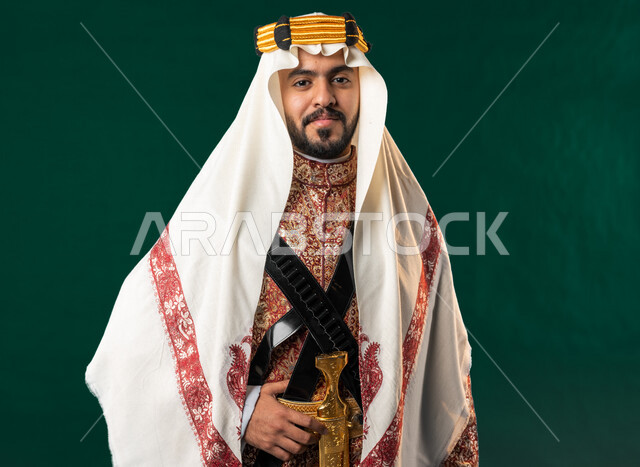 Croma, smiling Saudi Arabian Gulf Arab man, looking at the camera, wearing Saudi Arabian Gulf uniform, Saudi National Day celebration, Saudi National Day 92 ID, green background, Saudi founding day, Saudi heritage costume for national occasions, Saudi Nat