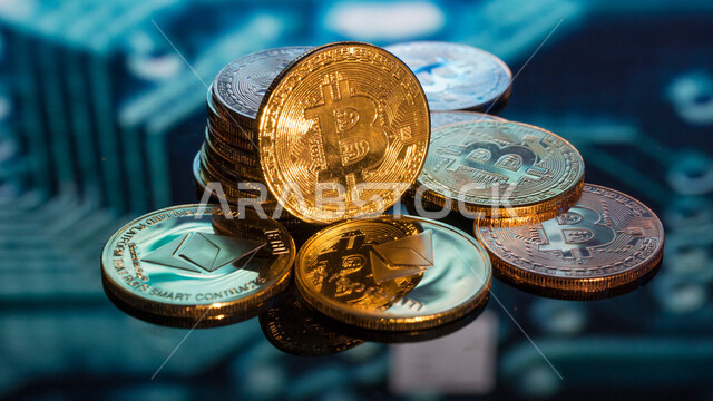 صورة مقربة لمجسم خاص بالعملات الرقمية، عملة البتكوين، النمو والأرباح المالية، ادخار الأموال، تمويل الأعمال، تداول العملات الرقمية، الفوائد والاستثمار، مجسم معدني