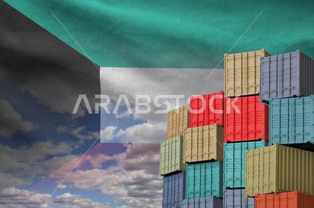 علم عمان وكمية كبيرة من حاويات الشحن البحري في الموانئ مع خلفية السماء ...
