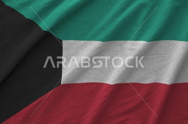 Bahrain flag depicted on folded wavy fabric of old cloth close up - Photo
