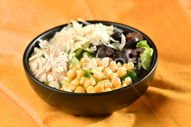 طبق سلطة الخضار اللذيذ، طبق المقبلات، اطباق عربية، ماكولات شرقية، مطاعم للمأكولات العربية الشرقية، وجبات الطعام الشهية، اكلات عربية شرقية، خلفية صفراء