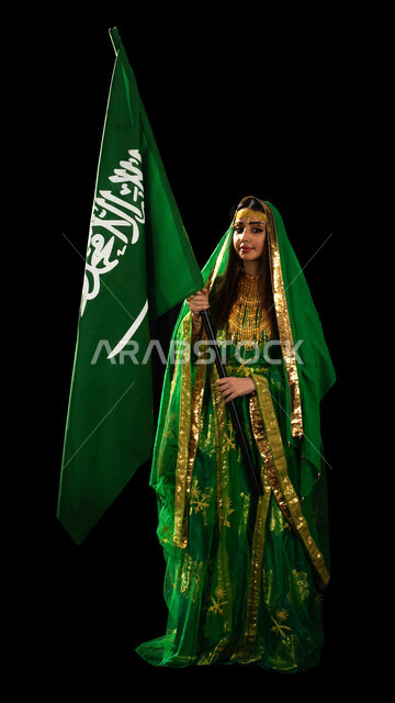 Portrait of a Saudi Arabian Gulf woman wearing traditional Saudi dress,  national occasions and celebrations in