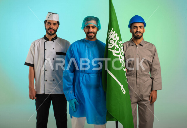 مجموعة من الرجال العرب السعوديين الخليجيين في وظائف مختلفة بالسعودية، مهن ووظائف سعودية، العمالة السعودية، فرص عمل، مهنة طبيب جراح، مهنة طاهي الطعام، مهنة مهندس فني كهرباء، اليوم الوطني السعودي، خلفية كروما