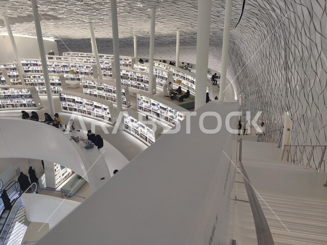 An inside picture of the Ithra Library in Dhahran in the Kingdom of Saudi Arabia, King Abdulaziz Center for World Culture, a cultural beacon, famous cultural landmarks, architecture, exhibitions and libraries, tourism in Saudi Arabia