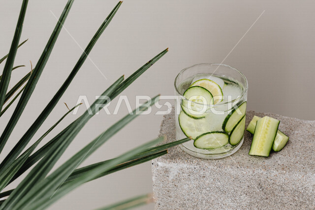 كوب ماء بارد مع قطع الخيار، سعف شجرة النخيل، مشروب بارد لذيذ، الراحة  والاسترخاء، مشروب ديتوكس، مشروب صيفي منعش، نمط حياه صحي