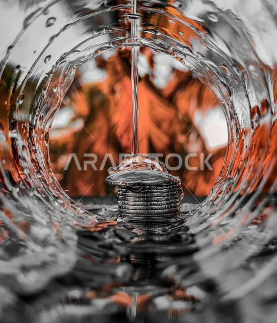 صورة إبداعية لماء نقي على العملات النقدية ، خلفية ضبابية ،  إحترافية التصوير والعرض