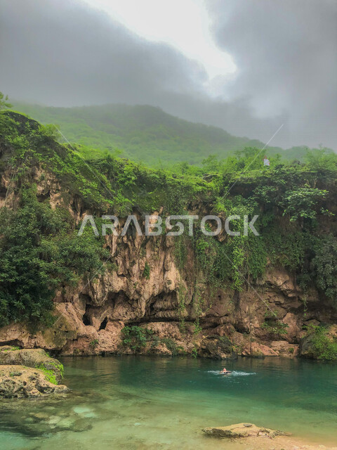 Creative image of Ain Jarzeez area in the Wilayat of Salalah in the Sultanate of Oman, historical archaeological places in Oman, natural attractions in the Sultanate of Oman, nature background, green lands, tourism in Oman, green mountain heights, green f