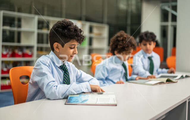 طلاب عرب سعوديون خليجيون يجلسون في المكتبة المدرسية، الاستمتاع بقراءة الكتب، مفهوم التعليم الذاتي, مكتبة المدرسة، بيئه مدرسيه تعليميه متطوره, المدارس المبتكره, جودة التعليم, مدارس أكاديميه في المملكة العربية السعودية