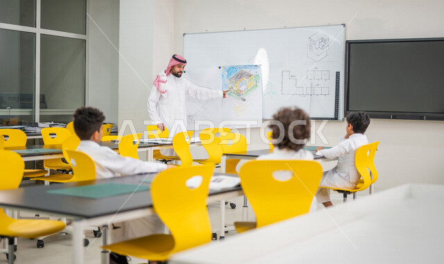 معلم عربي سعودي خليجي في بيئه مدرسيه تعليميه متطوره، متابعة مجموعة من الطلاب داخل الفصل, نظام التعليم المنتسوري, التعليم الذكي، عالم جديد من التعليم, تعزيز العلوم والإبتكارات, تنمية المهارات ، المدارس المبتكره, جودة التعليم, مدارس أكاديميه في السعوديه