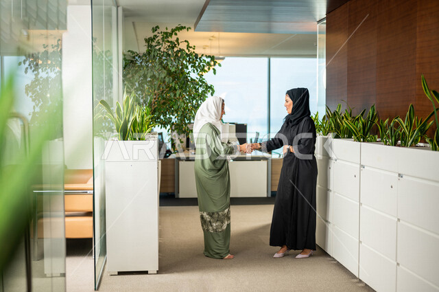 موظفتان عربيتان سعوديتان خليجيتان تتصافحان داخل مقر الشركة، ترتديان عبايات عصرية مميزة، أزياء محجبات، مهن و وظائف سعودية، شركة سعودية، سيدات أعمال، الحوارات والنقاشات، بيئة العمل، دردشة عمل
