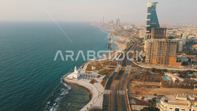 صورة جوية من الاعلى لمدينة جدة في المملكة العربية السعودية، واجهة روشن البحرية، كورنيش جده الشمالي، الابراج وناطحات السحاب، معالم جدة، جمال مدينة جدة، السياحة في السعودية