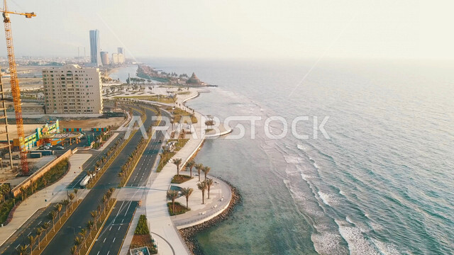 Aerial view from the top of the city of Jeddah in the Kingdom of Saudi Arabia, the Roshan waterfront, the northern Jeddah Corniche, the towers and skyscrapers, the landmarks of Jeddah, the beauty of the city of Jeddah, tourism in Saudi Arabia